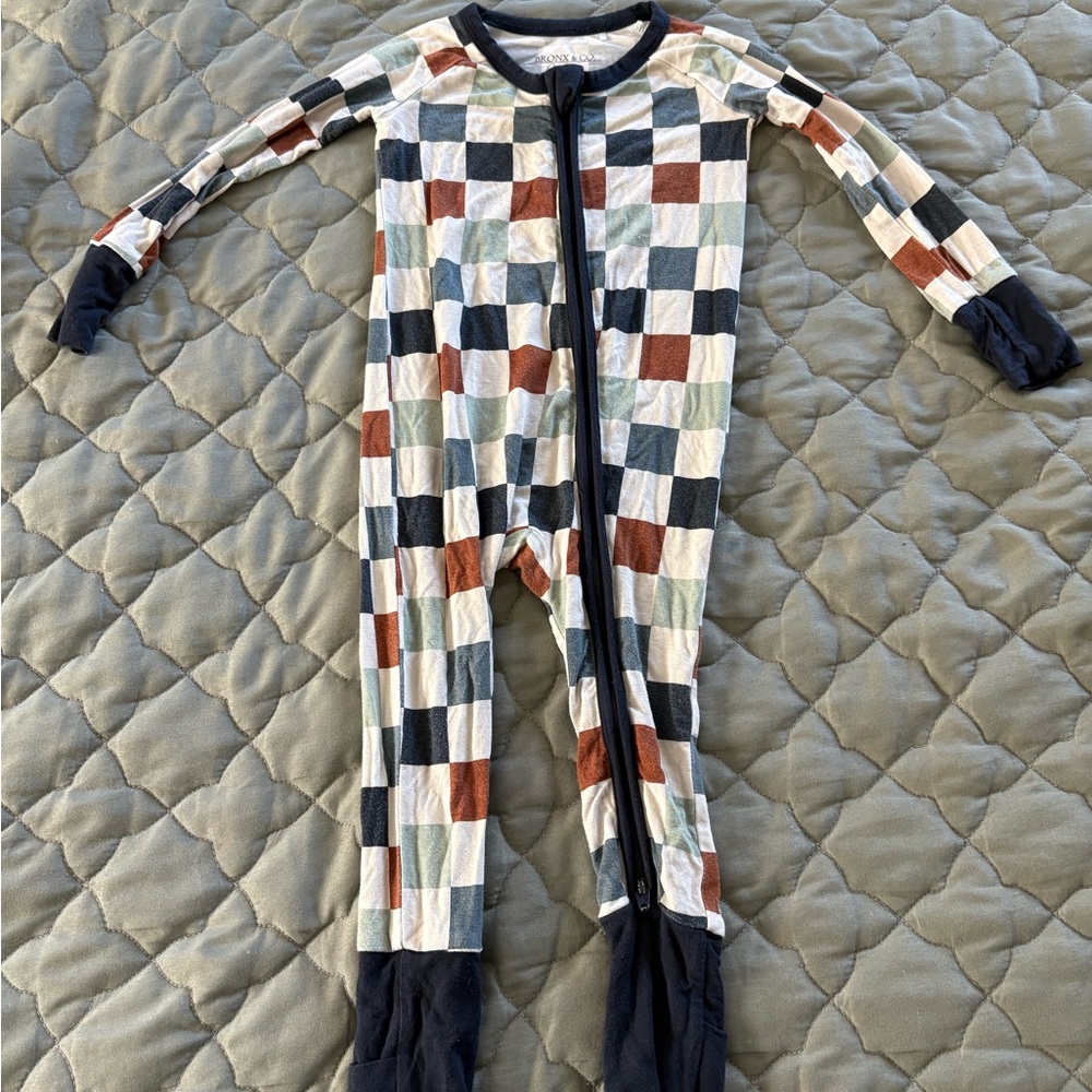 Kids Checkered One Piece Bamboo Pajama - Bronx & Co “Colorblock Daze” Footie